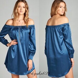 NWT blue satin off the shoulder mini dress